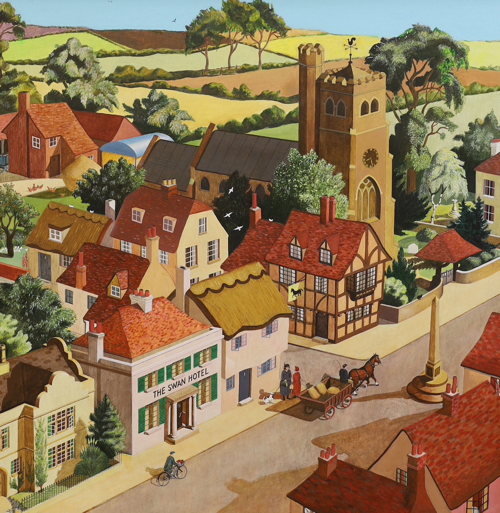 W.R. Earthrowl, modern British, oil on board, View of a rural English town, 85 x 85cm